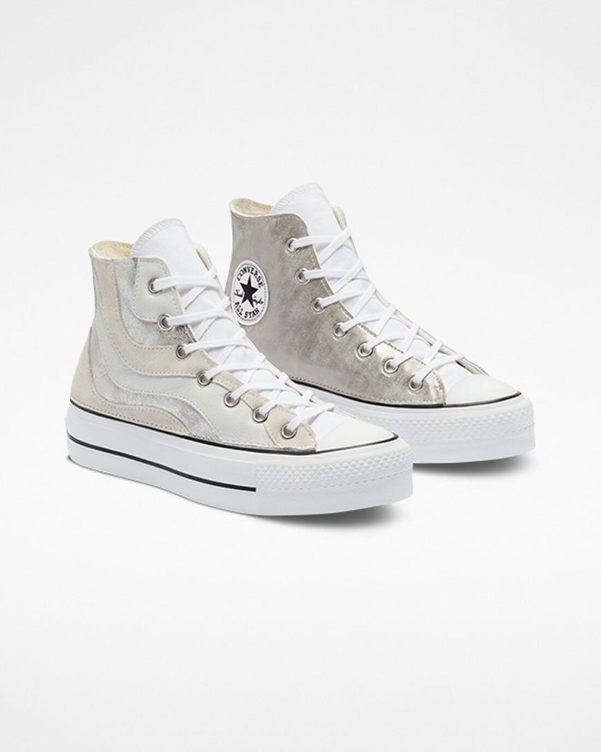 Pantofi Platforma Dama Converse Chuck Taylor All Star Lift Metallic Wave Inalti Albi | RO PNKHX296